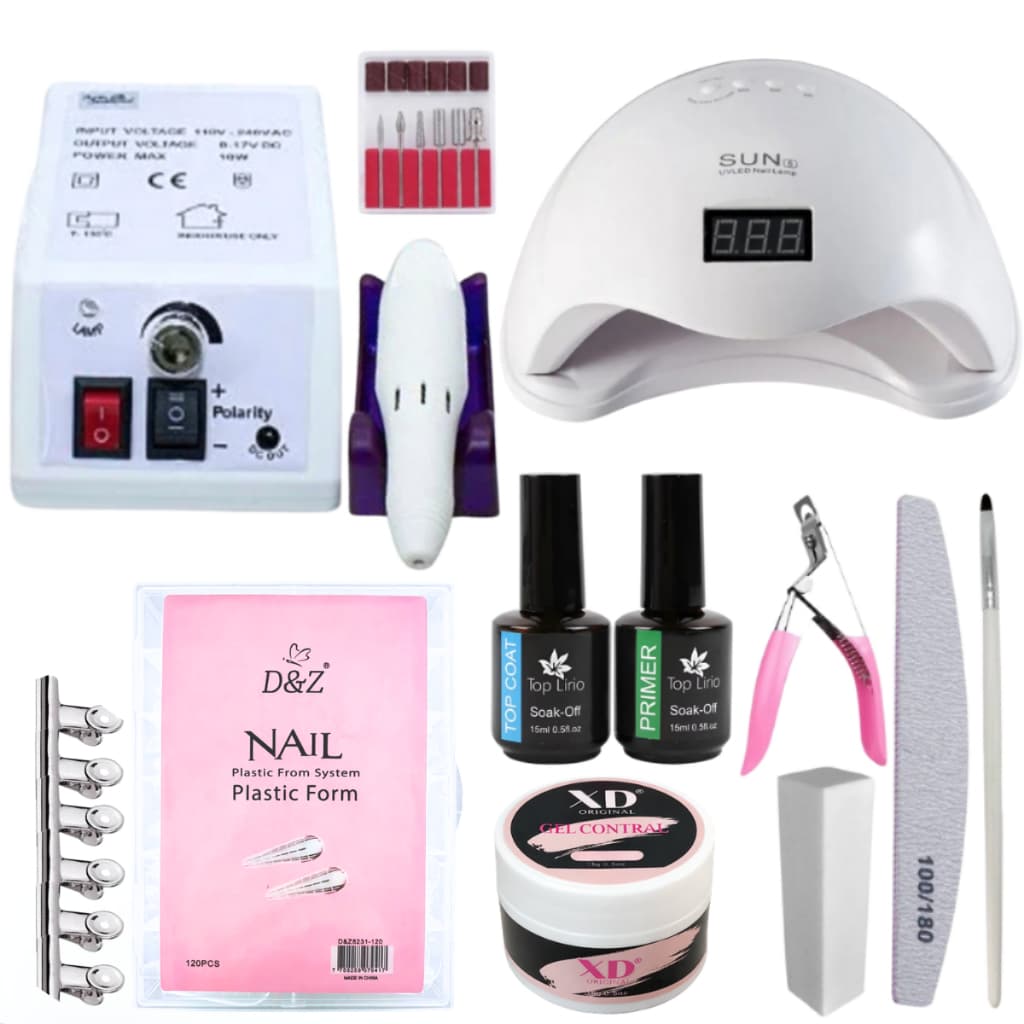 Kit Alongamento Unha Gel Cabine Sun 5, Lixadeira Motor Mercedes, Molde F1, Gel X&D, Top Coat e Primer