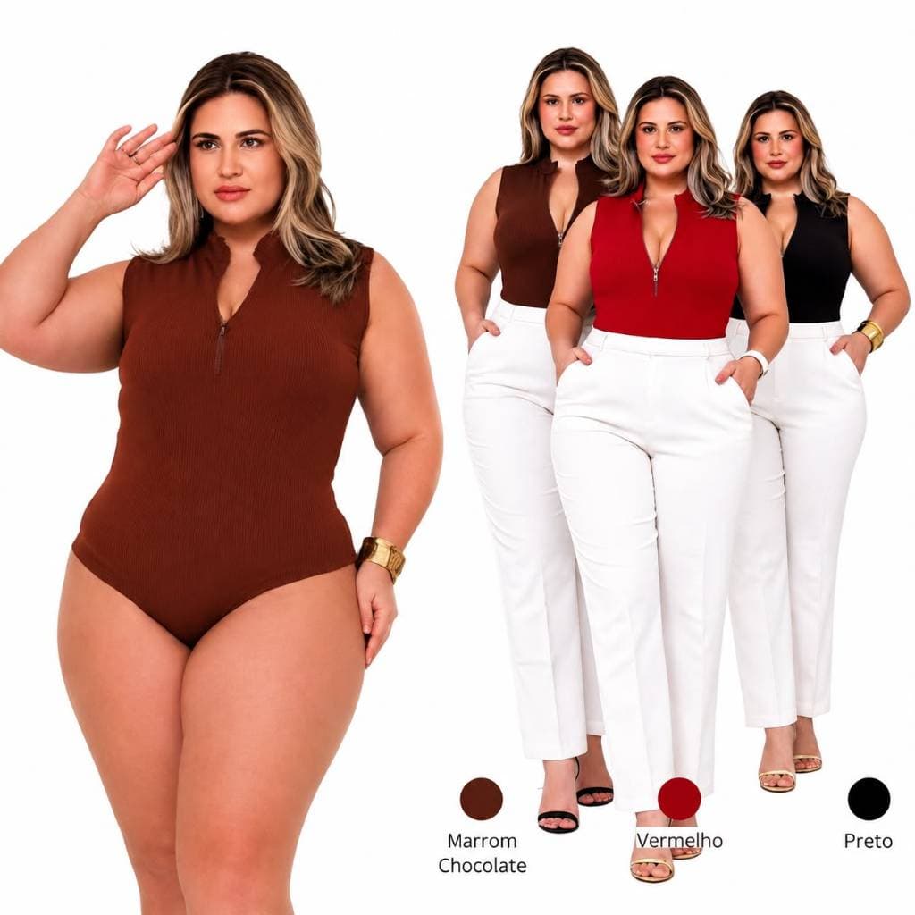 Body Feminino Plus Size Regata Zíper Frontal Malha Canelada Premium Curvas GG G1 G2 G3