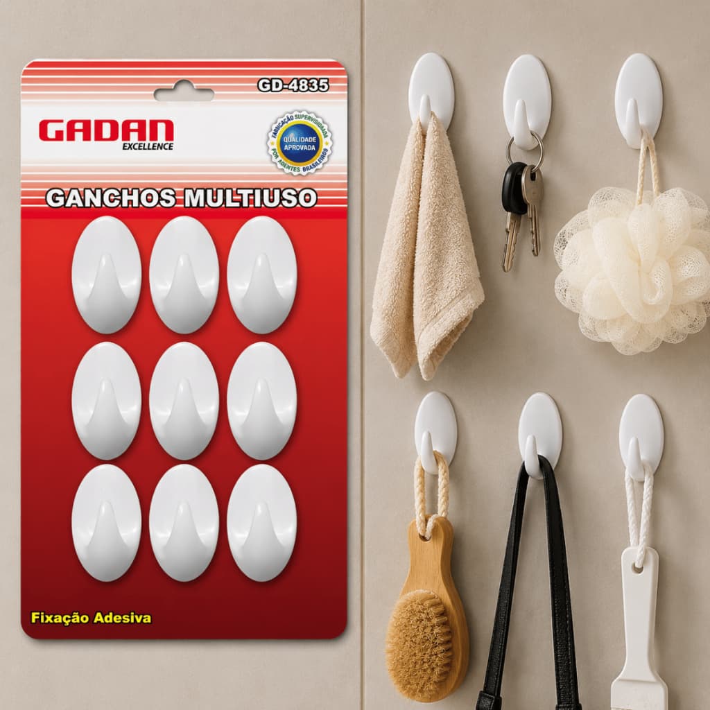 Kit 9 Ganchos Adesivo Multiuso Organizador Autocolante De Parede Em Plástico