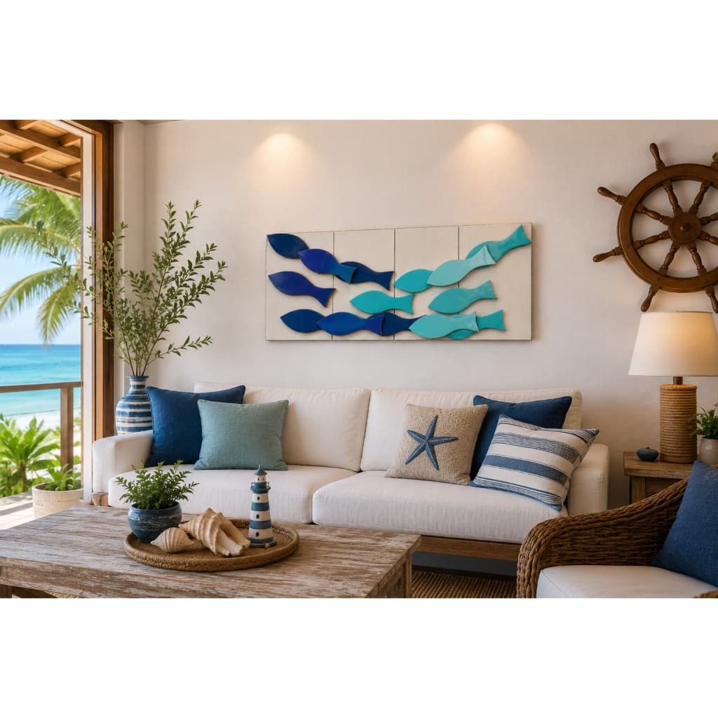 Quadro Cardume De Peixes MDF Decoração Litoral Praiana Casa de Praia Litoral