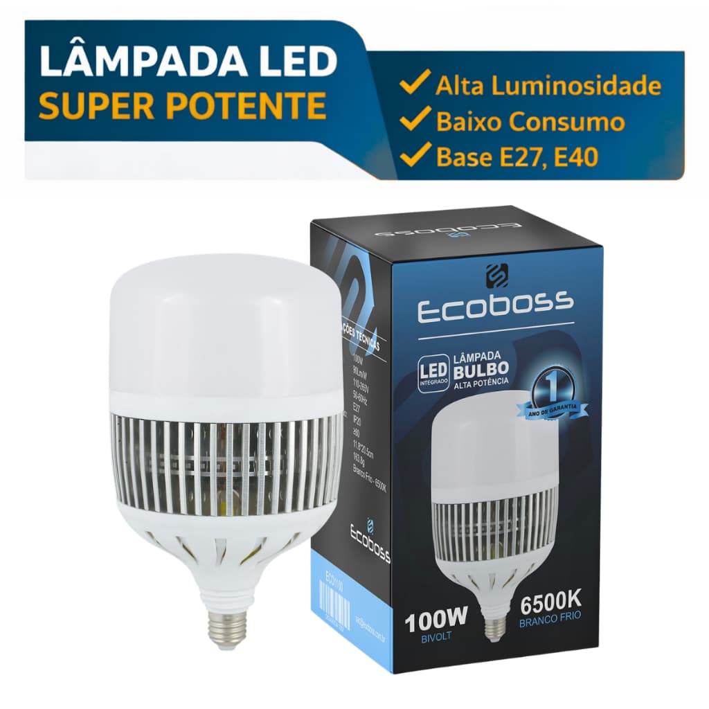 Lâmpada Super Bulbo LED Alta Potência 100W 150W 200W 250W Bivolt Adaptdor E27/E40 Branco Frio Ecoboss