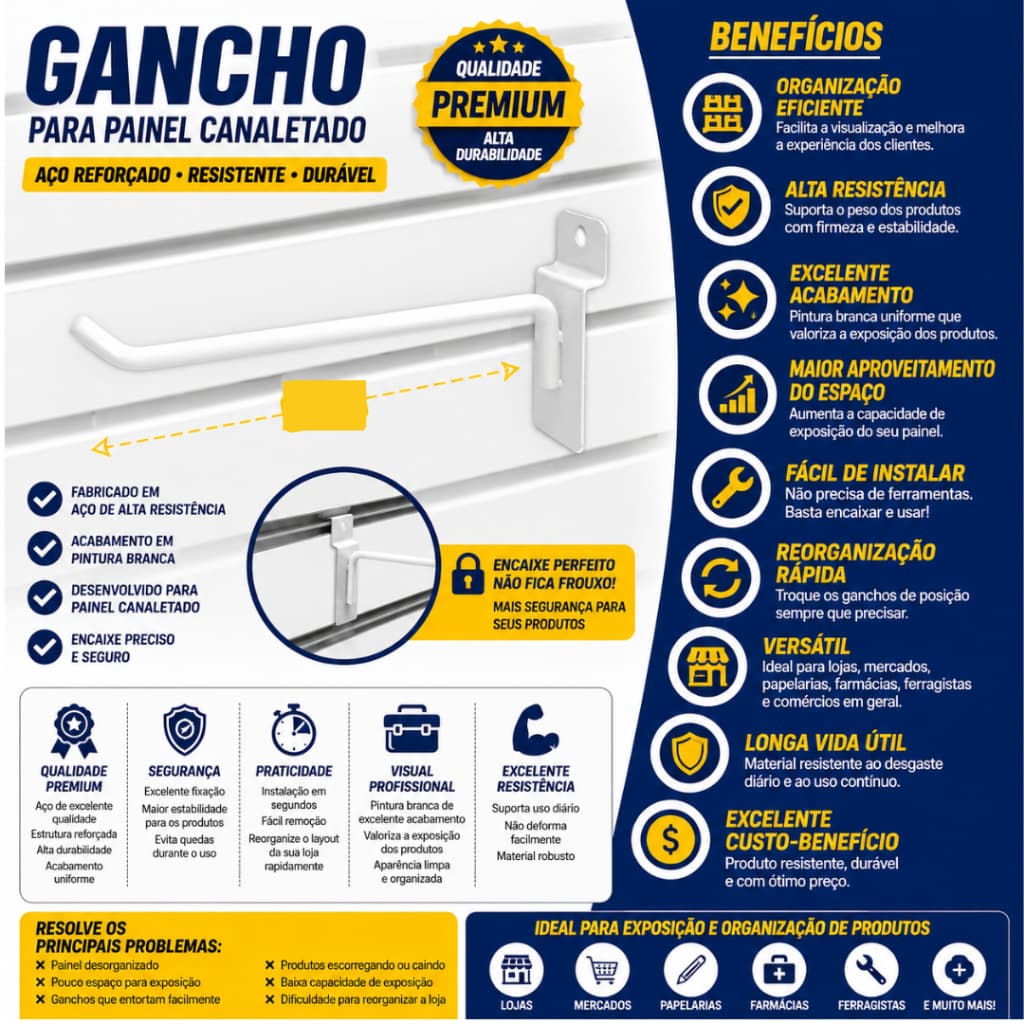 Kit 150 Ganchos Expositores Branco e Preto Para Paineis Canaletado - Todos Os Tamanhos