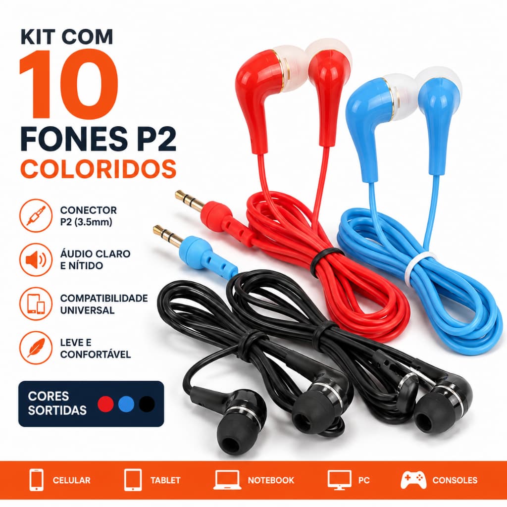 Kit 10 Fone De Ouvido Com Fio P2 Colorido Stereo Headphone