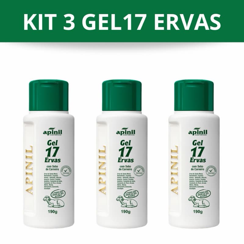 KIT 3 Gel 17 Ervas Apinil 190g Sebo de Carneiro Corporal Relaxante Muscular VAL 11/2026