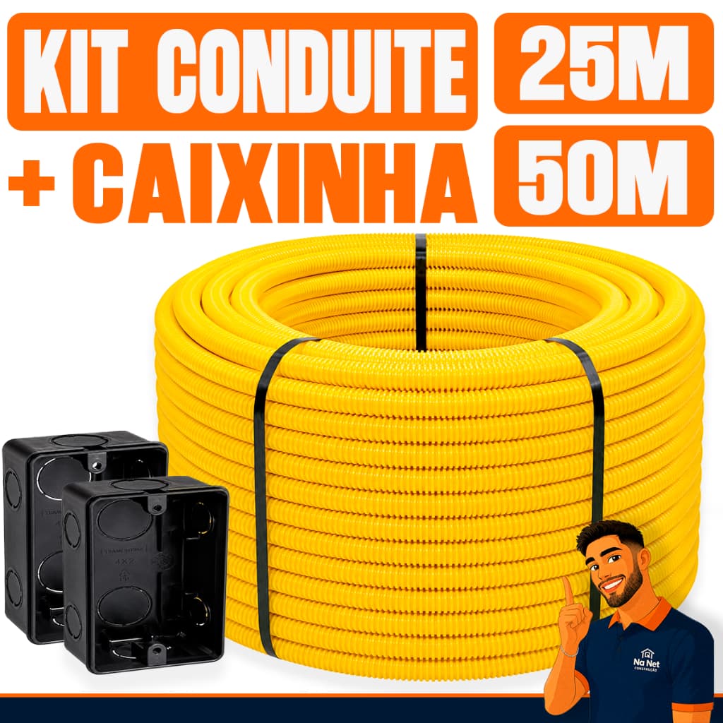 Conduite 3/4 25 á 50 Metros 10 á 50 Caixas 4x2 Rolo Corrugado Reforçado Eletroduto Flexível PVC