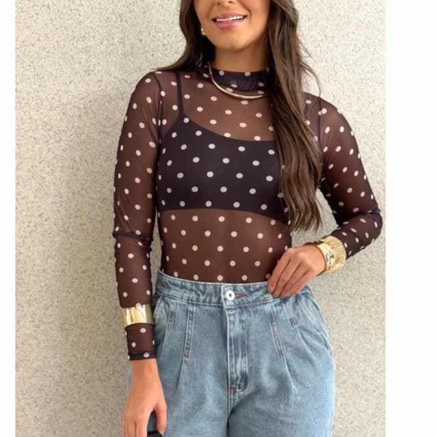 body de tule feminino manga longa estampa de bolinha estilo atemporal poá tendência 2026 Casul moda