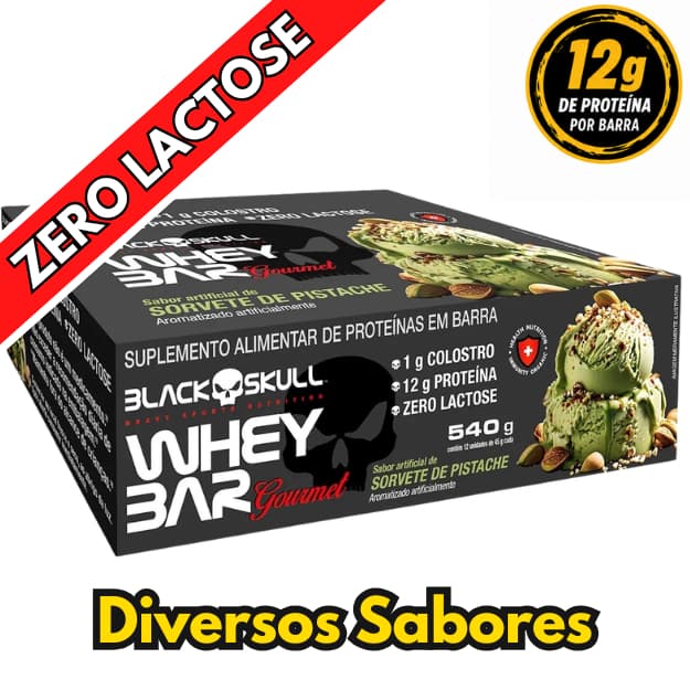 Whey Protein Bar Gourmet Black Skull Caixa C/12un - Recuperação Muscular, Zero Lactose e Sabor Gourmet