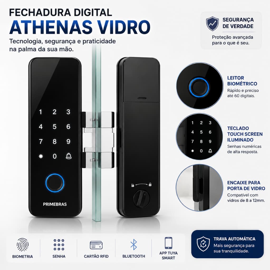 Fechadura Digital Bluetooth para Porta de Vidro | Biometria + Senha + Cartão RFID + App Tuya Smart | Até 60 Digitais