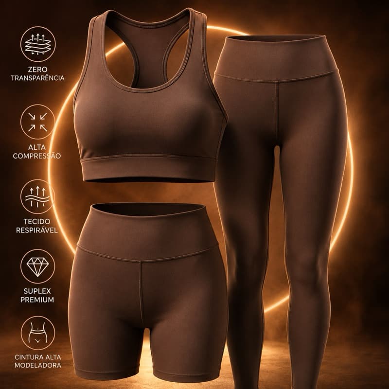 Conjunto Academia Fitness Feminino Top Nadador + Legging + Short Cintura Alta Zero Transparência