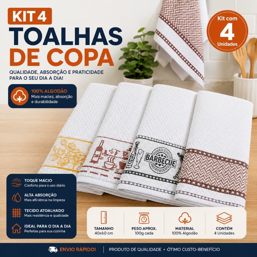 KIT 4 Peças Pano De Prato Branco Atoalhado Alta Gramatura  Pano de Prato Cozinha