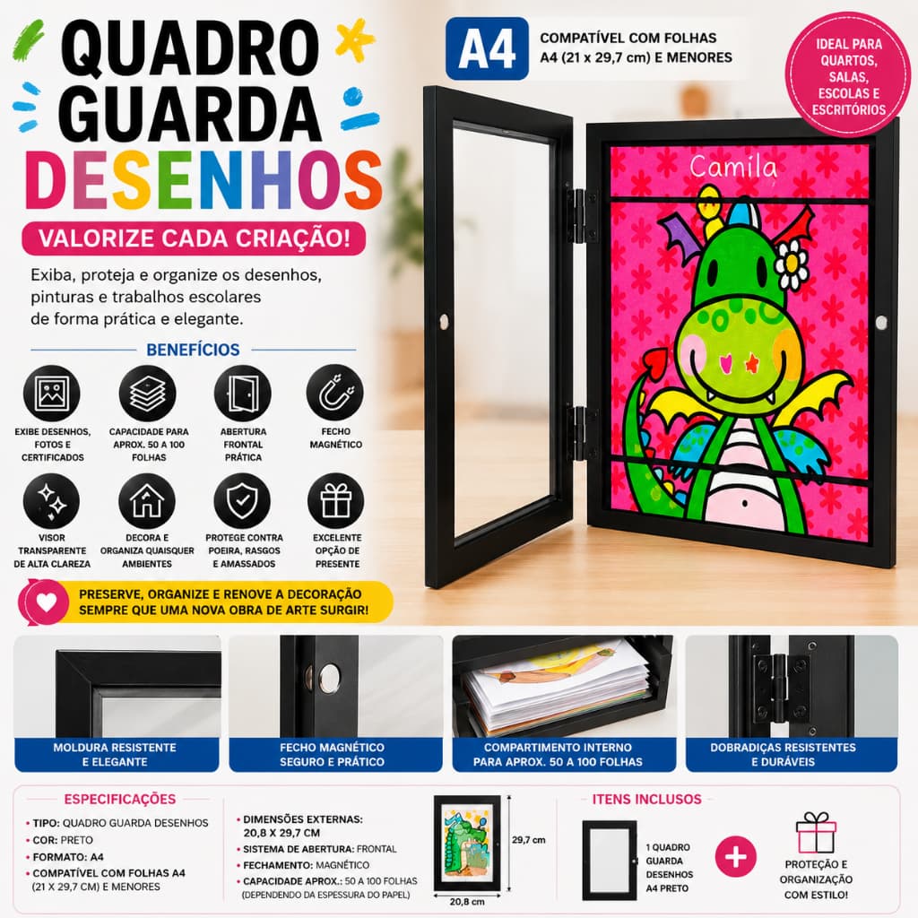 Quadro Guarda Desenhos A4 Moldura Expositora Abertura Frontal Fecho Magnético Preto