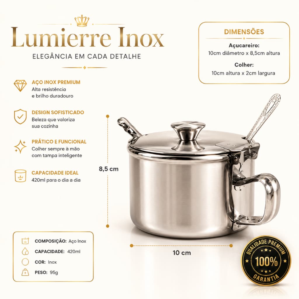 Açucareiro Inox Capacidade 420ml Colher Inclusa Design Moderno Cozinha Prática