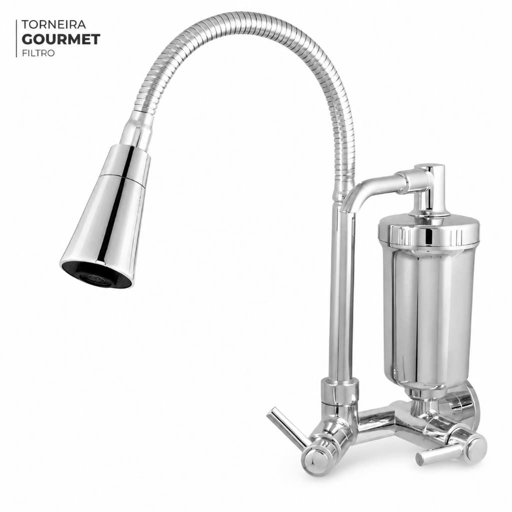 Torneira Gourmet Cozinha com Filtro Parede Cromada Flexível 2 Jatos 1/4 de Volta