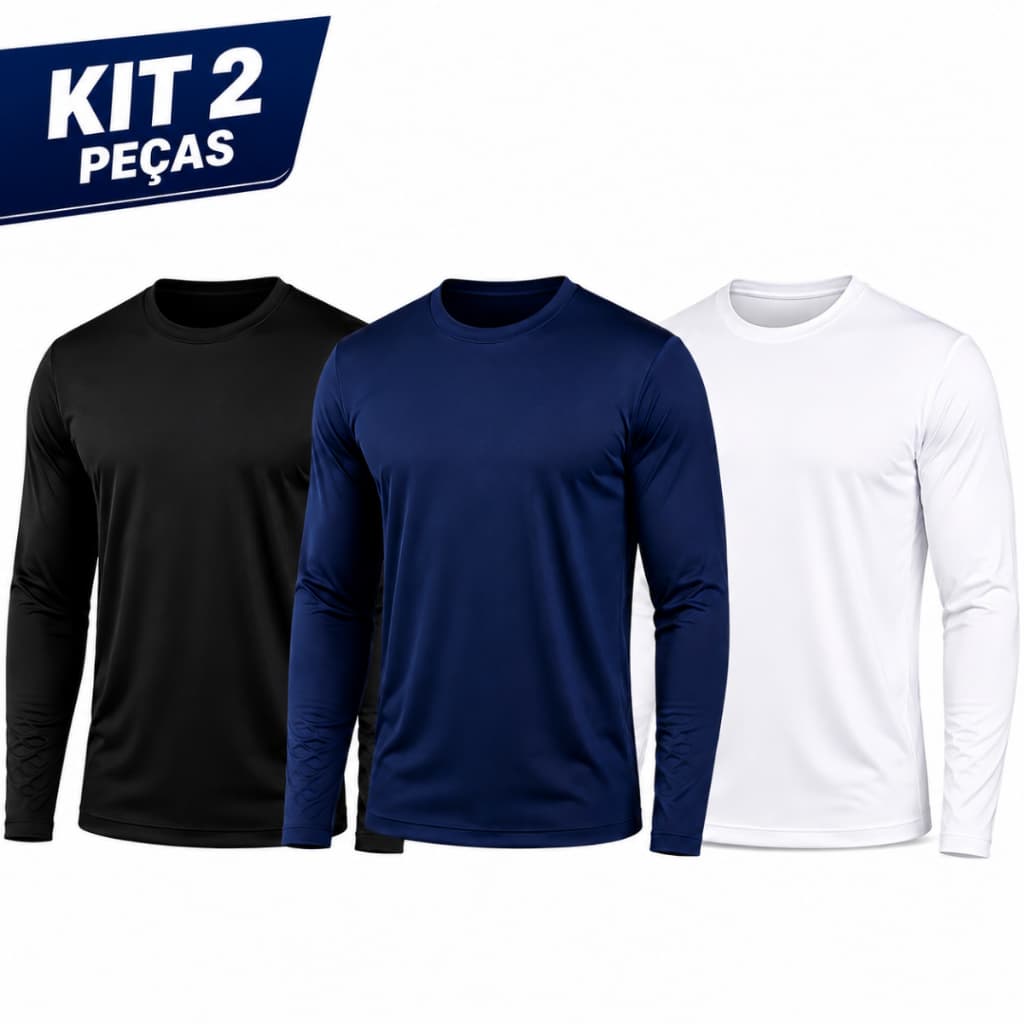 Kit 2 Camisas UV Masculina Manga Longa 92 Poliéster 8 Elastano Academia Corrida Térmica