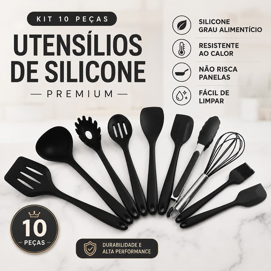 Kit 10 Utensílios de Cozinha em Silicone Preto com Espátula, Concha, Pegador, Fouet, Pincel e Colheres