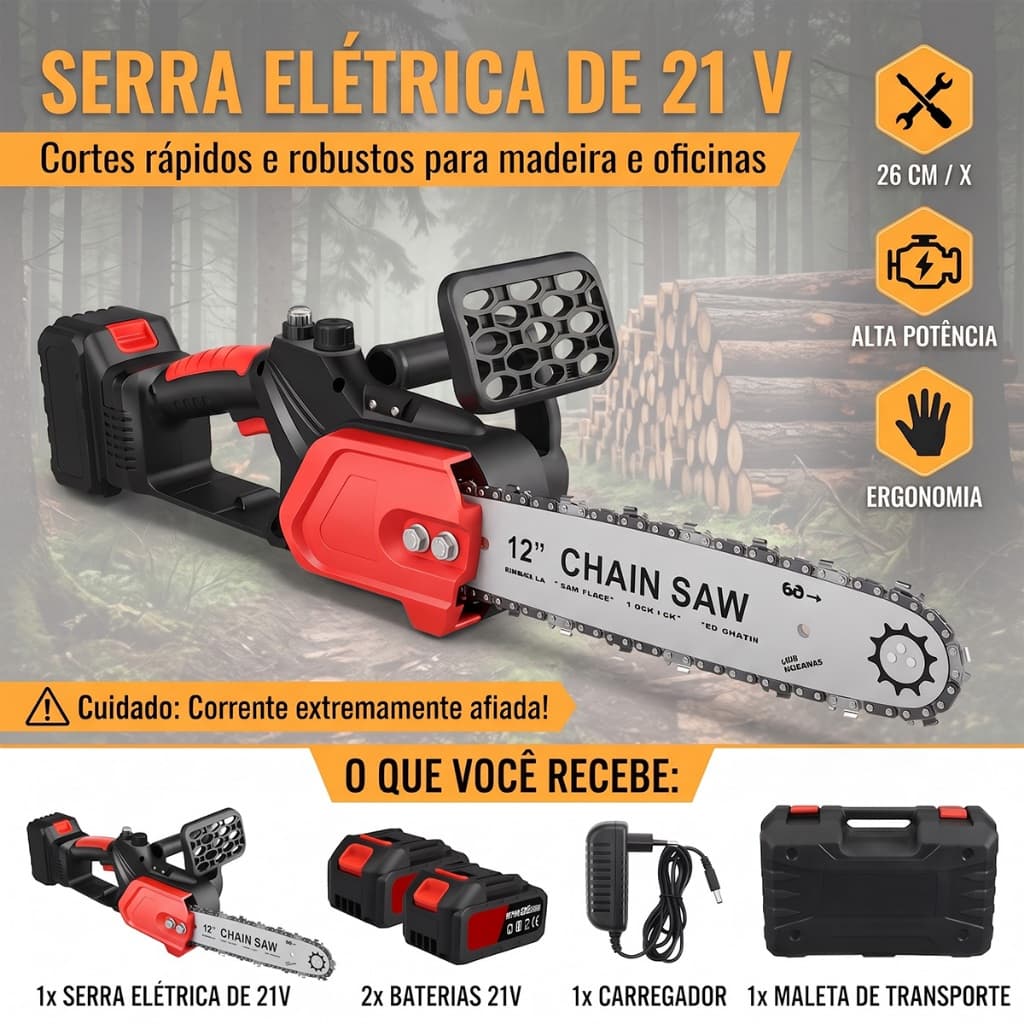 Motoserra Eletrica Potente 12 Polegadas Profissional Brushless Com 2 Baterias Recarregável