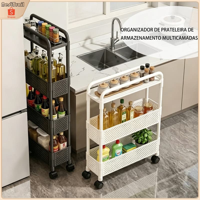 Carrinho Organizador Estreito com Rodinhas 360°, Prateleira Vertical Multiuso para Espaços Pequenos, Cozinha
