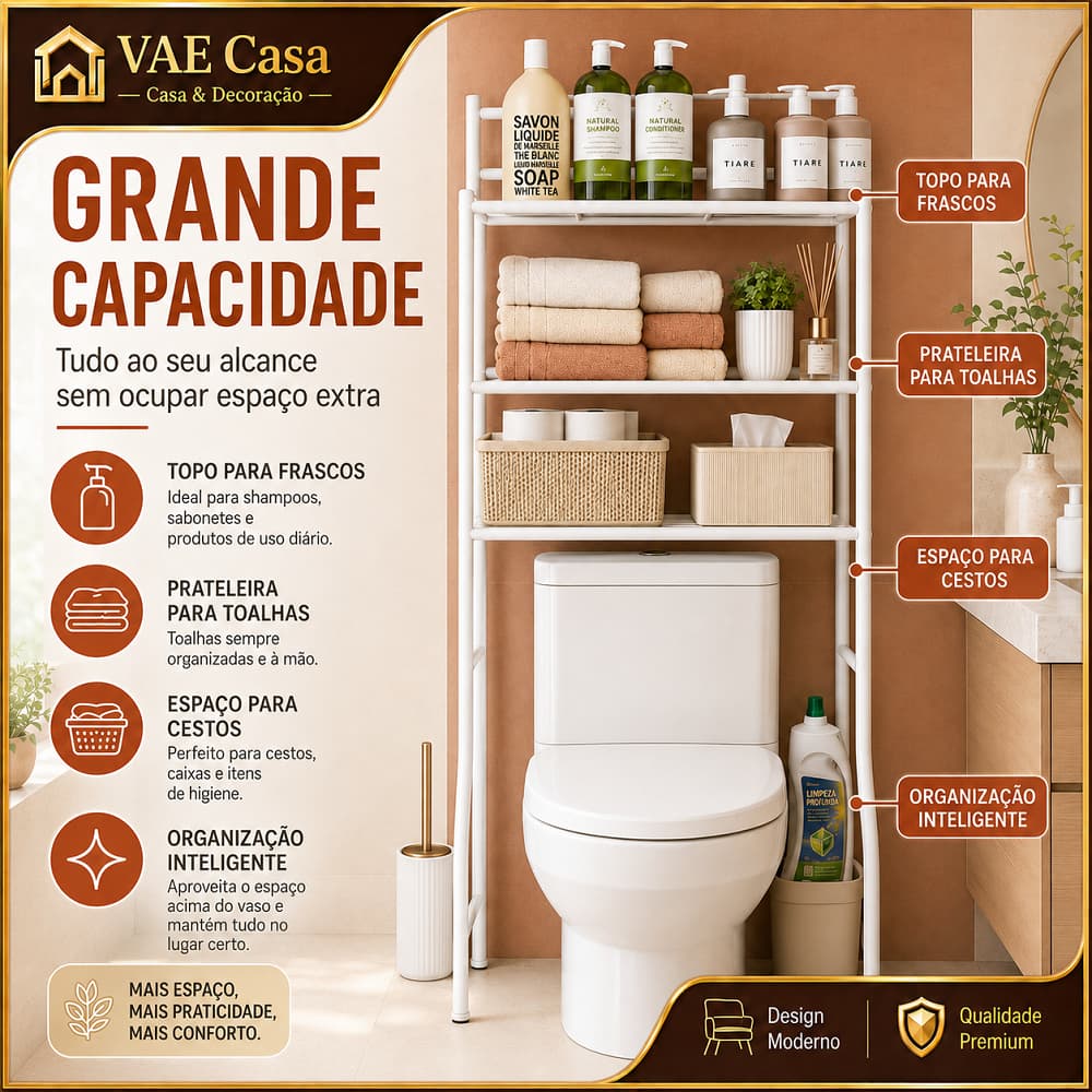 Estante Metálica Sobre O Vaso Três Níveis,  Para Toalhas E Produtos, Solução De Organização Vertical Resistente