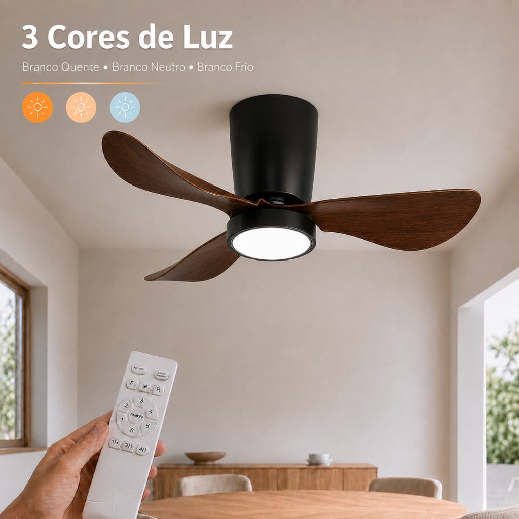 Ventilador de Teto Compacto LED 26 Pol Bivolt Motor DC com Controle e Timer