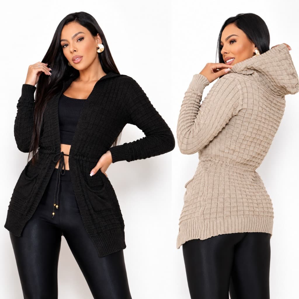Casaco Tricot Feminino Inverno Cardigã Kimono Longo Capuz Bolso Blogueira Sobretudo Frio