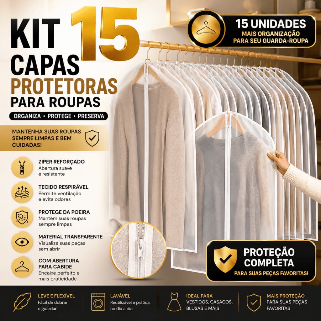 Kit 15 Capa anti poeira resistente água ternos camisa paletó transparente zíper 120cm 60cm cabide