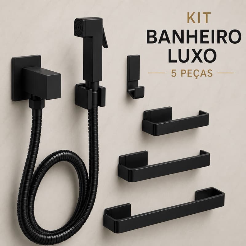 Kit Banheiro Luxo Preto 5 Peças Ducha Higiênica Lavabo Premium 100% Metal