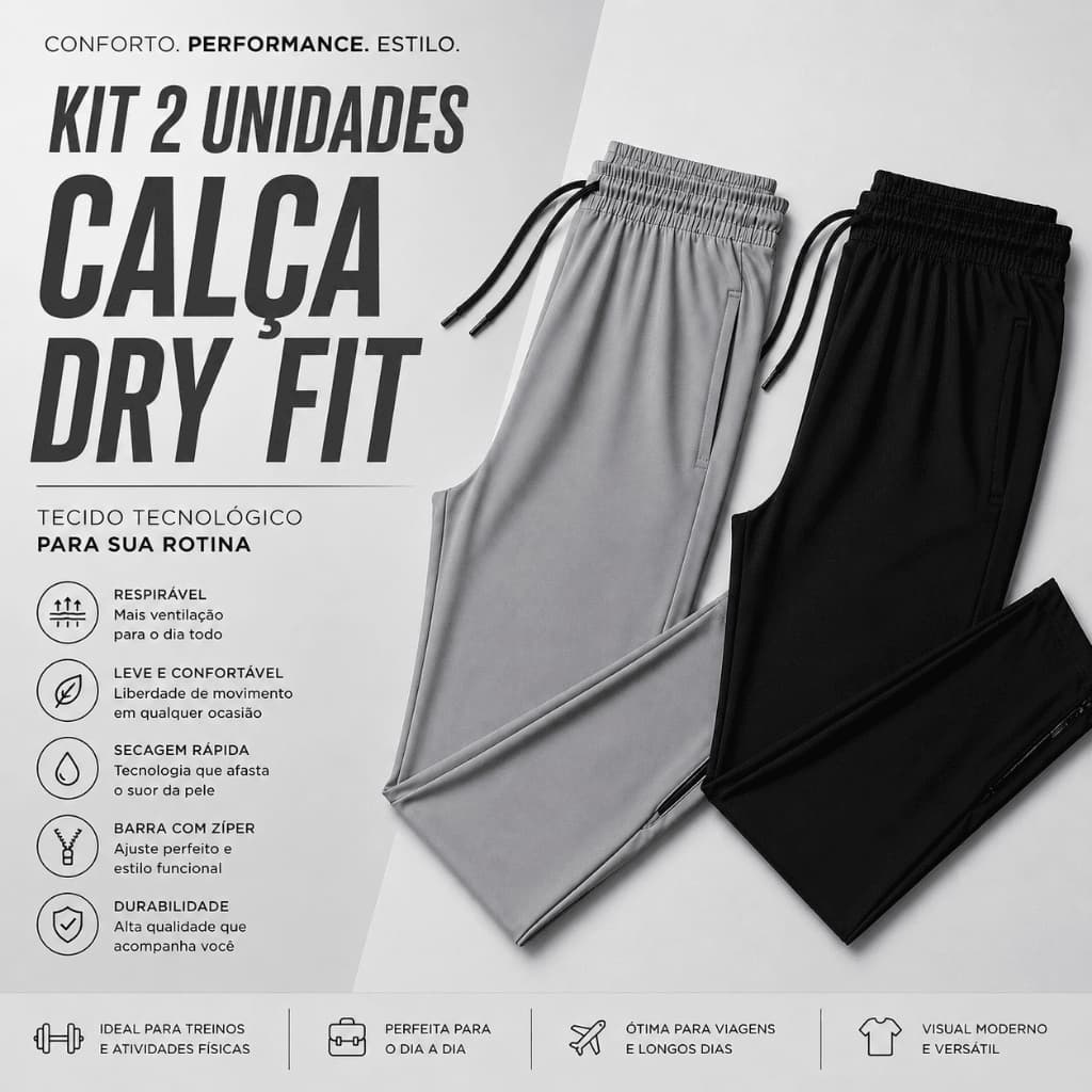 Kit 2 Unidades - Calça Esportiva Masculina Dry Fit Respirável e Confortável Com Zíper na Barra e Bolsos Frontais