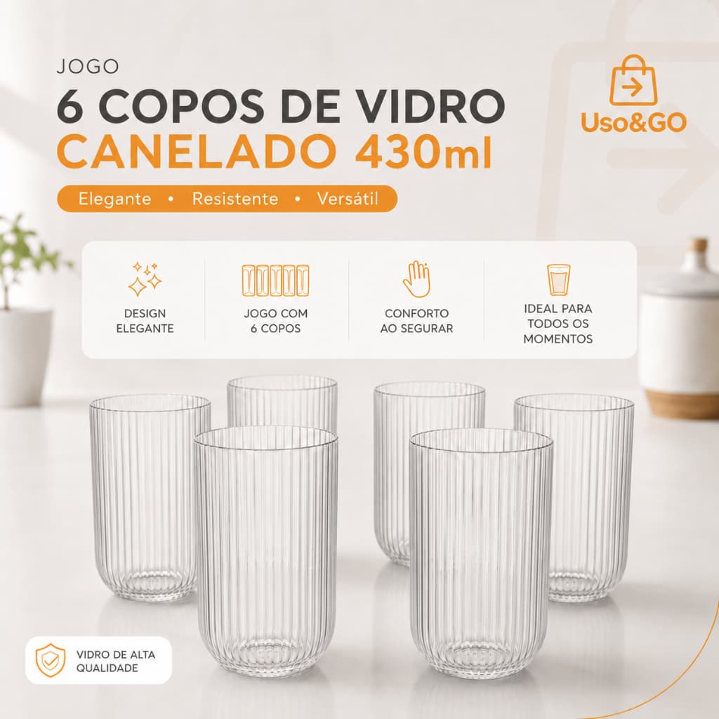 Jogo 6 Copos de Vidro Canelado 430ml Ultra Resistente Elegante Agua Suco Drinks