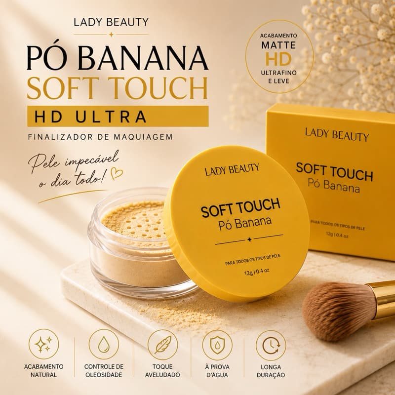 Pó Banana Lady Beauty Soft Touch 12g HD Matte Finalizador Maquiagem Controle da Oleosidade Selagem À Prova D’Água