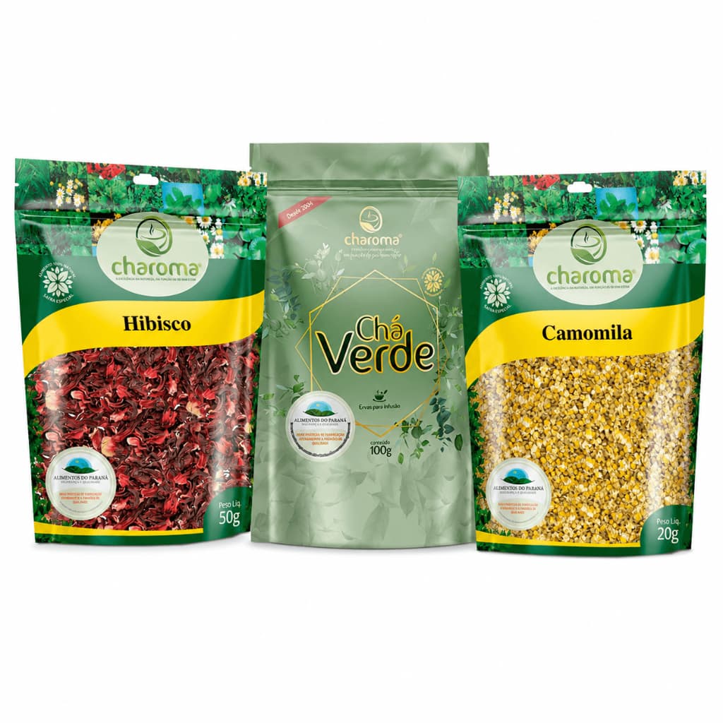 Kit 3 Chás Charoma Hibisco 50g, Chá Verde 100g e Camomila 20g