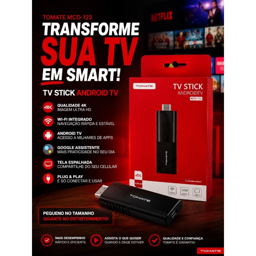 TV Stick Android TV 4K Tomate MCD-123 2GB 16GB Wi-Fi Chromecast Google Assistente