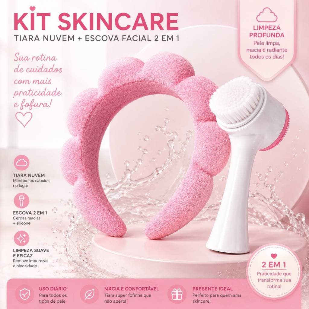 Kit Skincare Tiara Nuvem + Escova Facial 2 em 1 Massageadora e Esfoliante para Limpeza de Pele