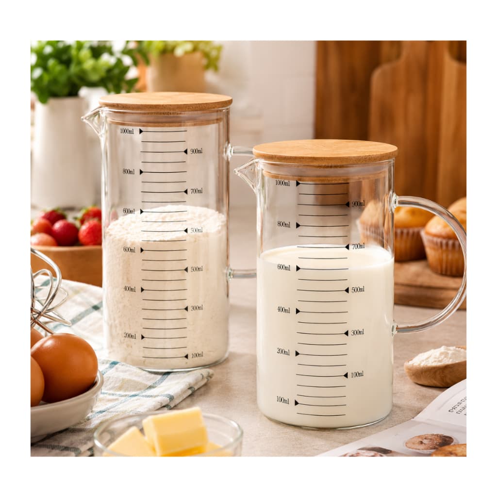 kit 2 jarra medidora de vidro 1000ml tampa bambu copo medidor graduado receitas medidas cozinha confeitaria culinária