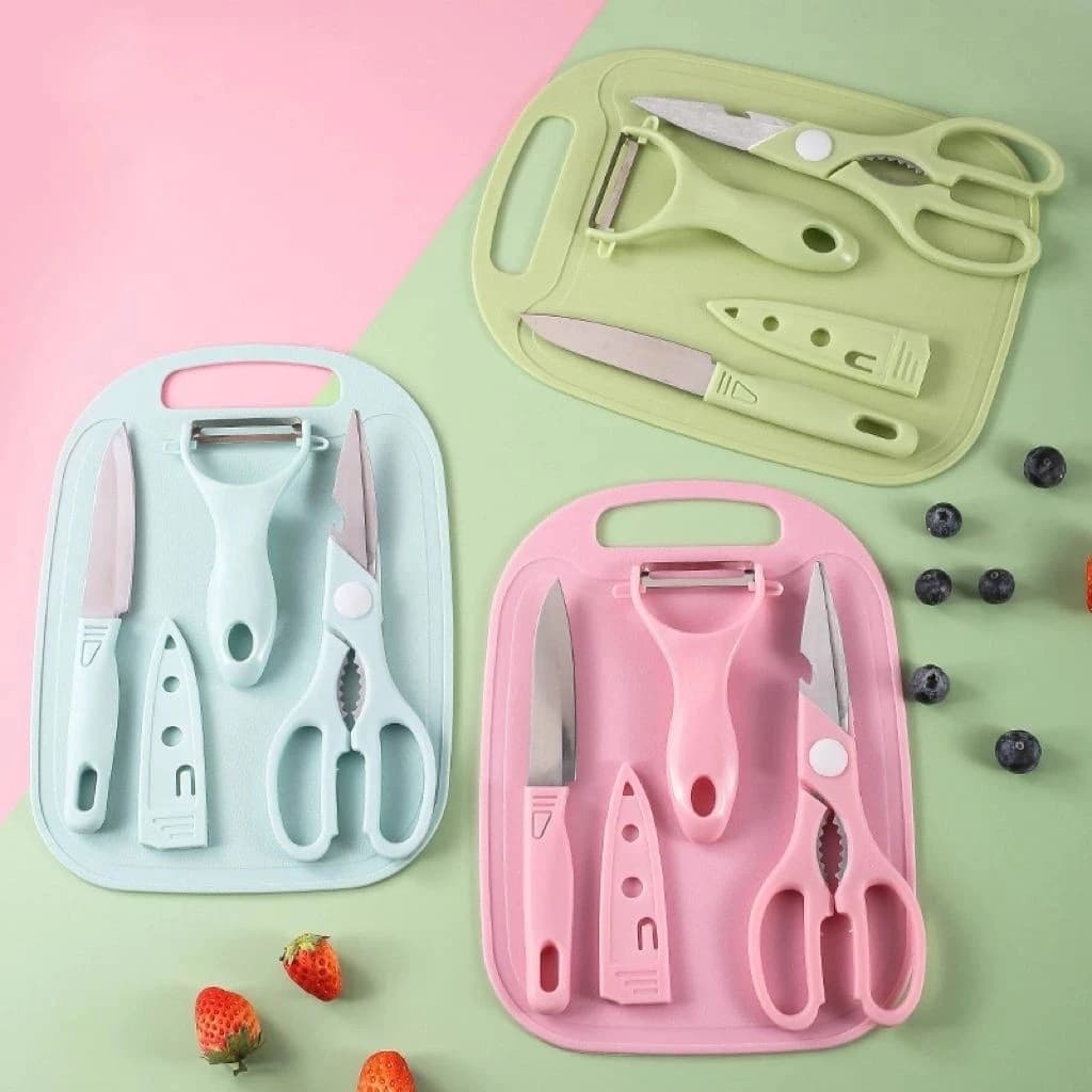 Kit Utensílios Cozinha 4 Peças Faca Inox Tesoura Descascador Cortador Tábua Preparo Alimento Legume