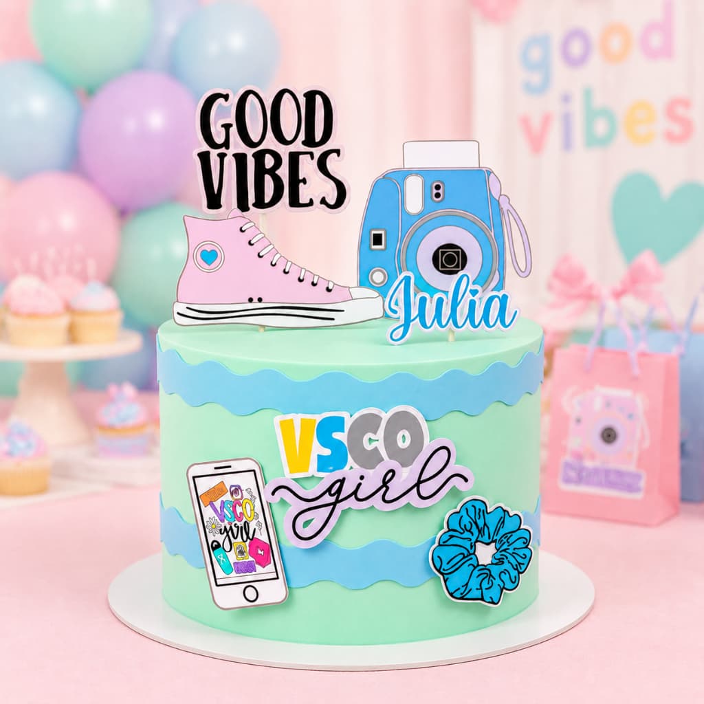 Topo de Bolo good vibes VSCO Girl Personalizado com Nome | Decoração Festa Feminina Teen | Tema Tumblr Estilo Jovem