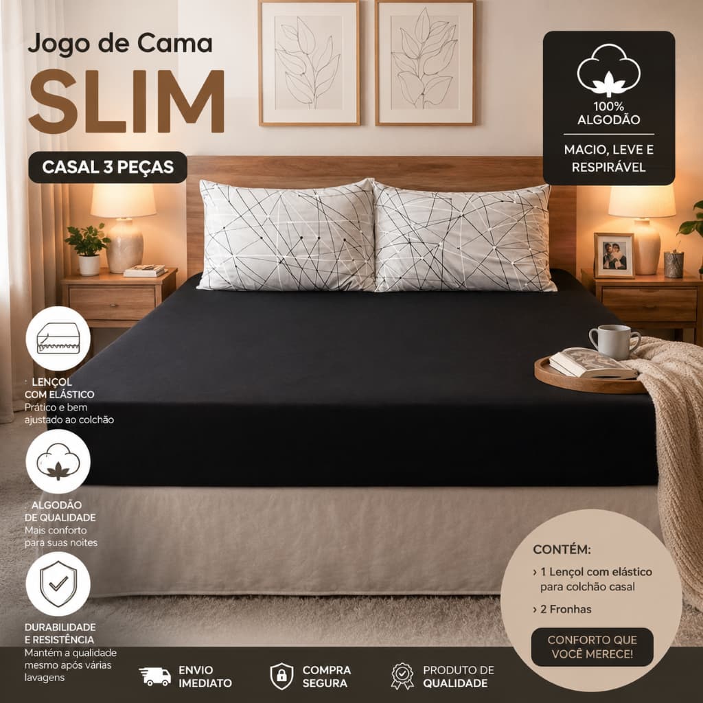 Jogo Cama Casal 3 Peças 100% Algodão Slim Lençol Elástico, 1 Lançol 2 Fronhas