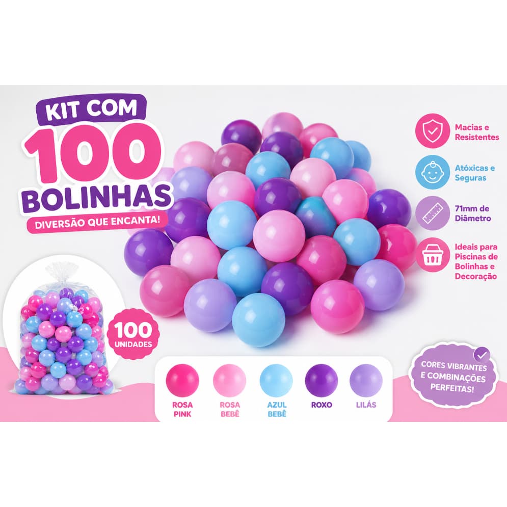 100 Bolinhas para Piscina de Bolinhas 71mm Coloridas Rosa Pink Lilás Roxa Azul Bebê Brinquedo Infantil