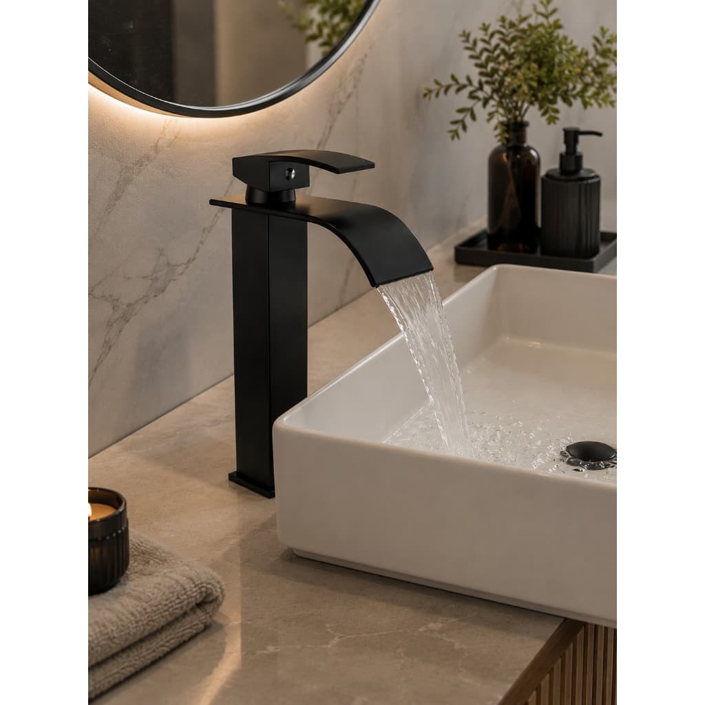 Torneira Cascata Banheiro Aço Inox Tipo Bancada Premium Preta e Cromada