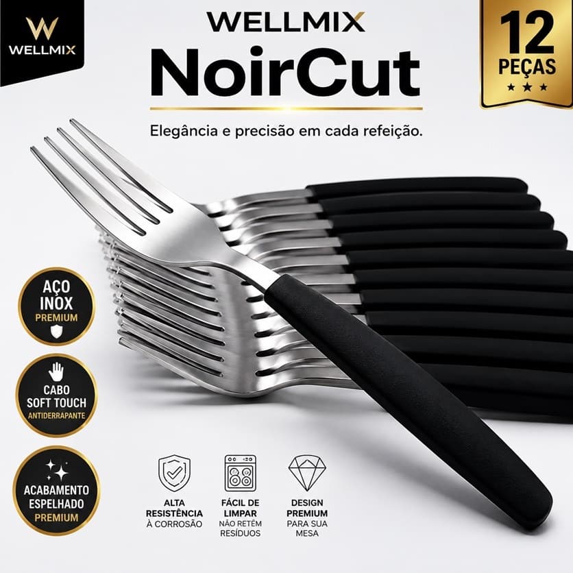 Kit 12/24 Garfos Mesa e Churrasco Inox Cabo Preto Soft Touch Premium