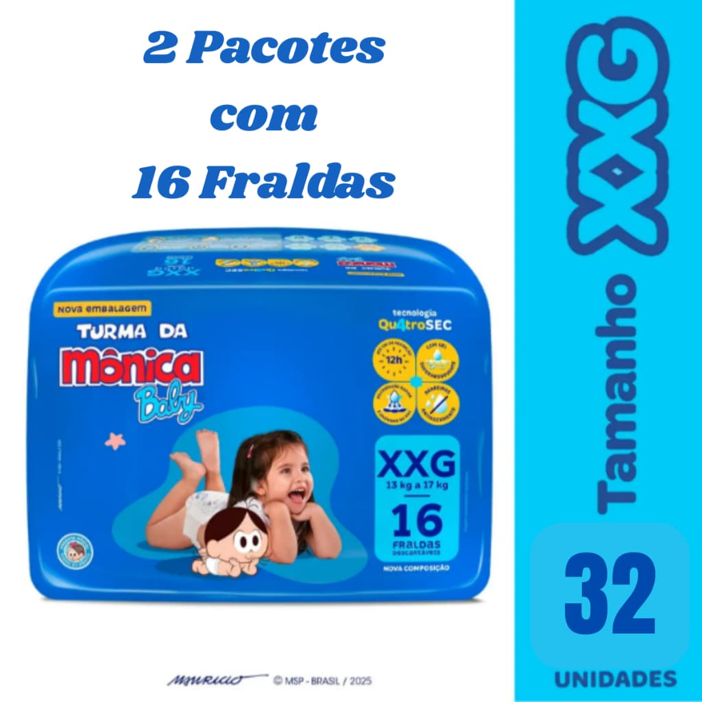 Kit Fraldas Descartável Turma da Mônica XXG 2 Pacotes com 16 Unidades Cada = 32 Fraldas