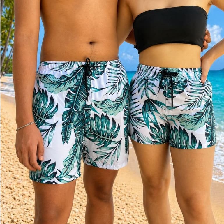 Kit Casal Short Praia Tactel Estampado Secagem Rápida Verão Piscina praia mar mozão namorados
