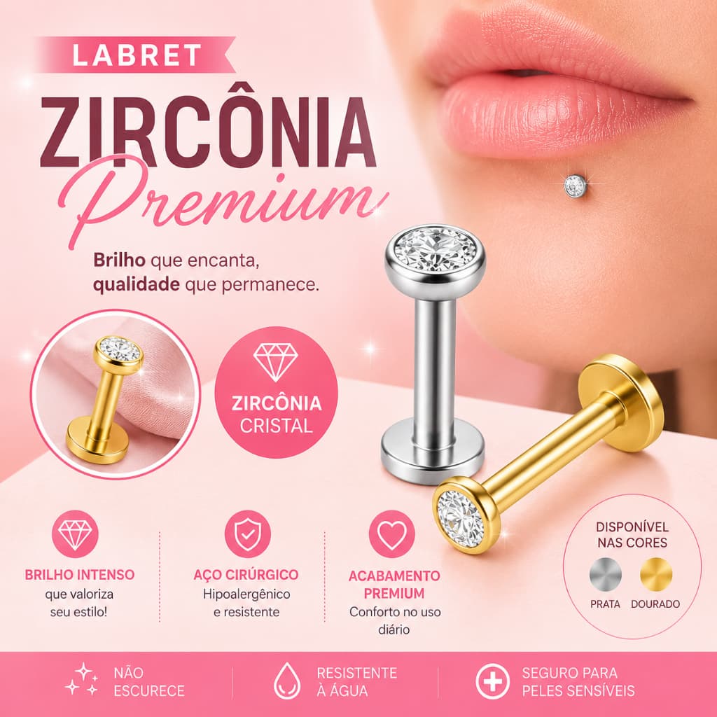KIT até 3 Piercings Ponto Luz Zircônia Helix Conch Labret Pvd Prata e Dourado 100% Aço Cirurgico