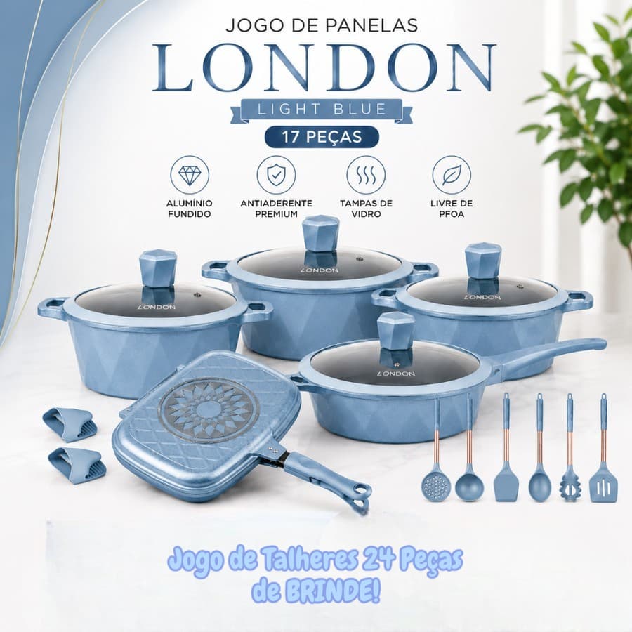 Jogo De Panelas Antiaderente London Blue 17 Peças Alumínio Fundido Tampas Vidro Utensílios Silicone Premium + BRINDE