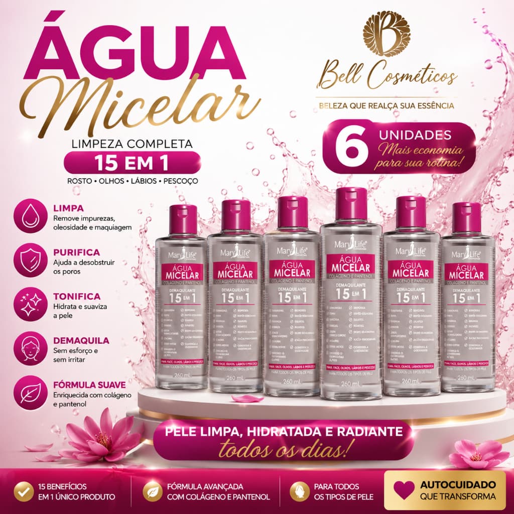 Kit 6 Unidades Água Micelar Colágeno e Pantenol 15 em 1 260mL Mary Life