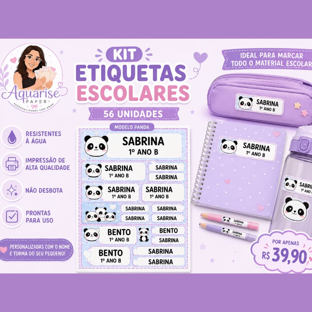 Kit com 56 Etiquetas Escolares Personalizadas- Varios temas - Resistente a agua- Personalizado Nome e Série