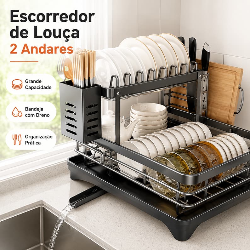 Escorredor de Louça Inoxidável Rack 2 Andares Drenagem Automática Bandeja 360º Organizador Pia