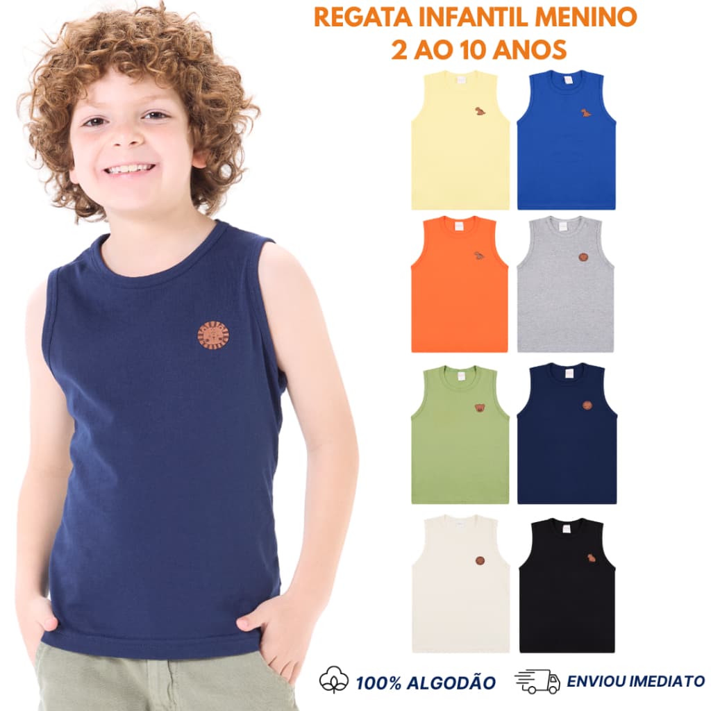 Kit 5 Regatas Infantil Menino em Meia Malha Algodão Básica Verão 2 ao 10 anos