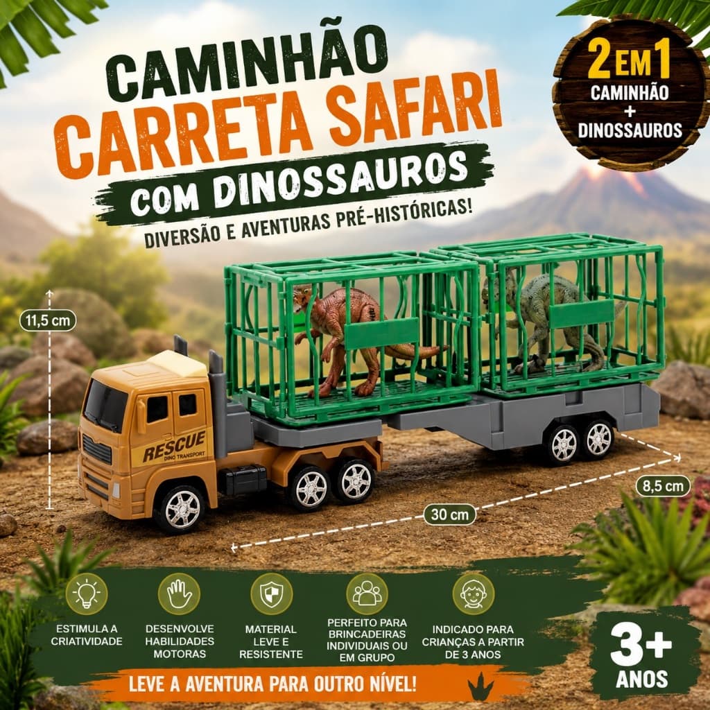 Brinquedo Caminhão Carreta Safari com Dinossauros Transporte Infantil Educativo 30cm