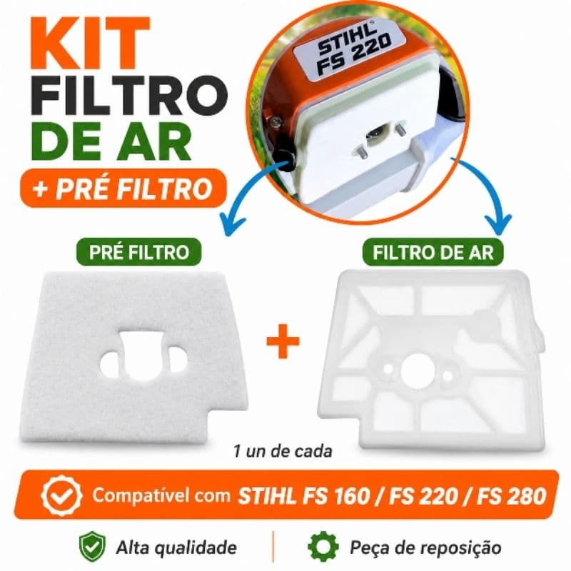 Kit Filtro de Ar Tela + Feltro Pré Filtro Roçadeira A Gasolina Stihl Fs 160 / 220 / 280 / 290