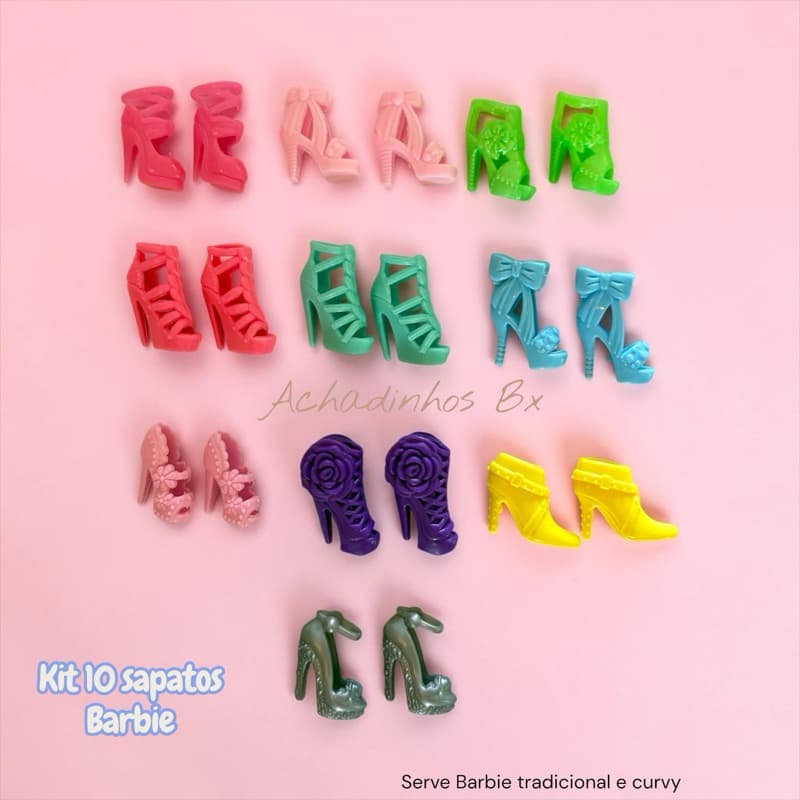 Kit 10 Sapatinhos  Boneca 30cm NR818 Escala 1:6 e similares  | Saltos Pé Curvo | Sapatinhos boneca Roupinhas boneca
